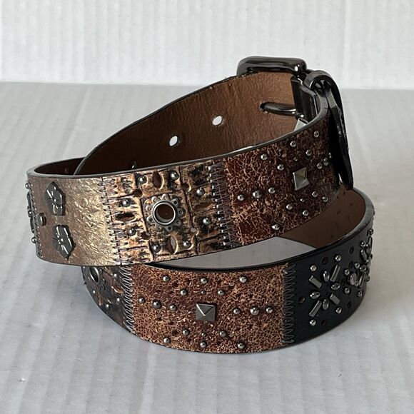 Y2K FOSSIL Leather Patchwork Belt  Small Floral Studded Tooled Western Vintage main image 15